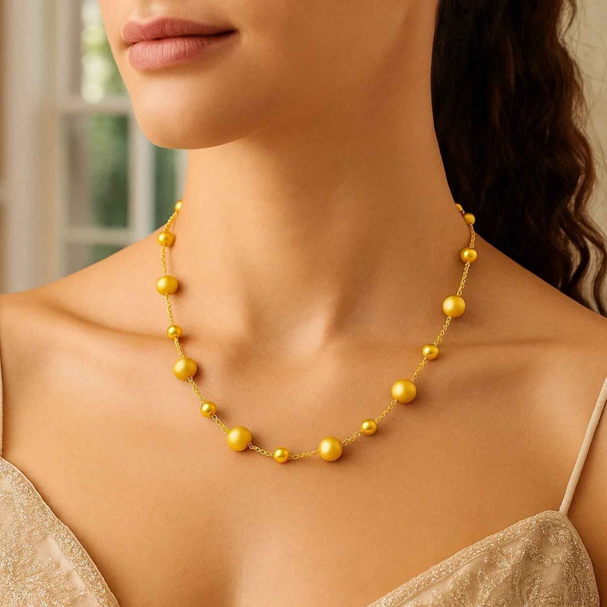 14K Yellow Gold Polished and Satin Pebble Necklace