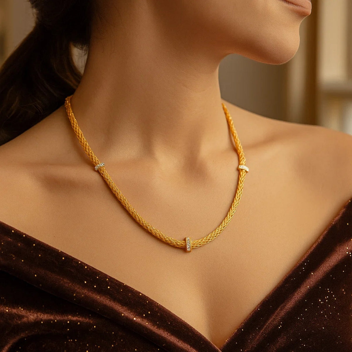 Woven Rope Necklace with Diamond Accents in 14k Yellow Gold